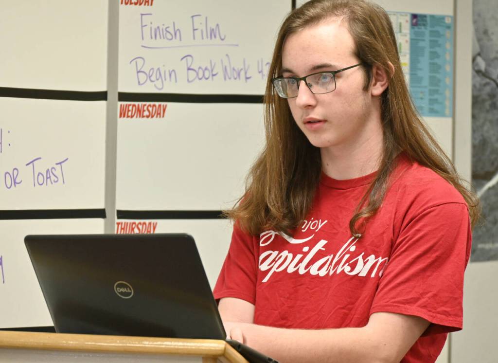 Brody Anderson interviews a witness during a Mock Trial club practice last week. (Michael Dashiell/Olympic Peninsula News Group)