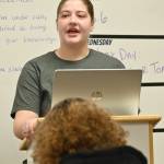 Amelia Pozernick works on her opening statement at a Mock Trial practice last week. (Michael Dashiell/Olympic Peninsula News Group)