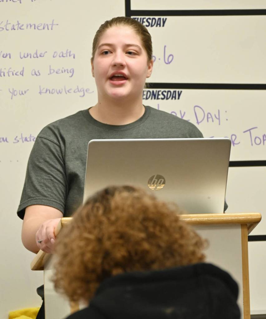 Amelia Pozernick works on her opening statement at a Mock Trial practice last week. (Michael Dashiell/Olympic Peninsula News Group)