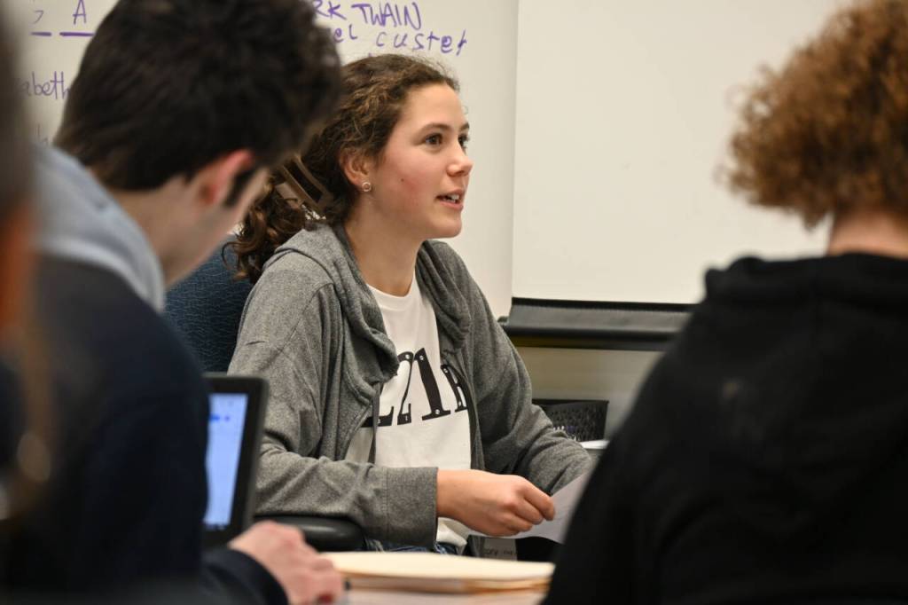 Sequim High School freshman Laila Sundin answers questions as a witness in a Mock Trial club case at a practice last week. (Michael Dashiell/Olympic Peninsula News Group)