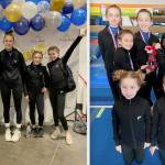 (Left) The Klahhane Gymnastics Gold team. From left, Elyse Brown, Harper Hilliker, Dalyen Williams, Raynee Ciarlo and Graycelyn Goss. (Right) The Klahhane Bronze gymnastics team. From left, front, Makinlee Thomason and Charlotte Nevill. From left, middle, Paytynn Lindley and Carley Mae Riggs. From left, rear, Lainey DiPiro, Raeleigh Thomason, Harper Waterkotte and Morgan Smith. (Courtesy photo)