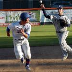 Damiano Palmegiani gets caught in a rundown at Civic Field during a game against Bellingham in 2019. Palmegiani, who is from Surrey, B.C., played 51 games for the Port Angeles Lefties, was picked by Team Canada to play in the World Baseball Classic later this summer. (Keith Thorpe/Peninsula Daily News)