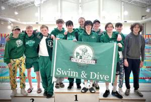 The Port Angeles boys swim team finished fifth at the West Central District championships. From left, are Landon Close, Jacob Miller, Davis Hueter, Finn Thompson, Blake Nahory, Aidan Butterworth, Alex Che, Will Roening, Max Baeder, Keane McClain and Nolan Medgin.