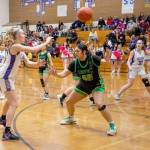 Sequims Jolene Vaara, left, returned to action Tuesday, giving the Wolves 10 points, two blocks and four steals. (Emily Matthiessen/Olympic Peninsula News Group).