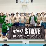 The Port Angeles and Sequim boys swimming teams that competed at the state swim and dive championships in Federal Way this weekend. From left, are Nolan Medgin, Colby Ellefson (Sequim High School), Blake Nahory, Will Roening, Alex Che, Keane McClain, Landon Close, Jacob Miller, Davis Hueter, Max Baeder, Finn Thompson and Aidan Butterworth. (Courtesy photo)