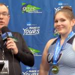 Western Washington University Crescent graduate Raine Westfall is interviewed Tuesday by Blake Timm from the Great Northwest Athletic Conferences after winning the GNAC championship in the weight throw.
