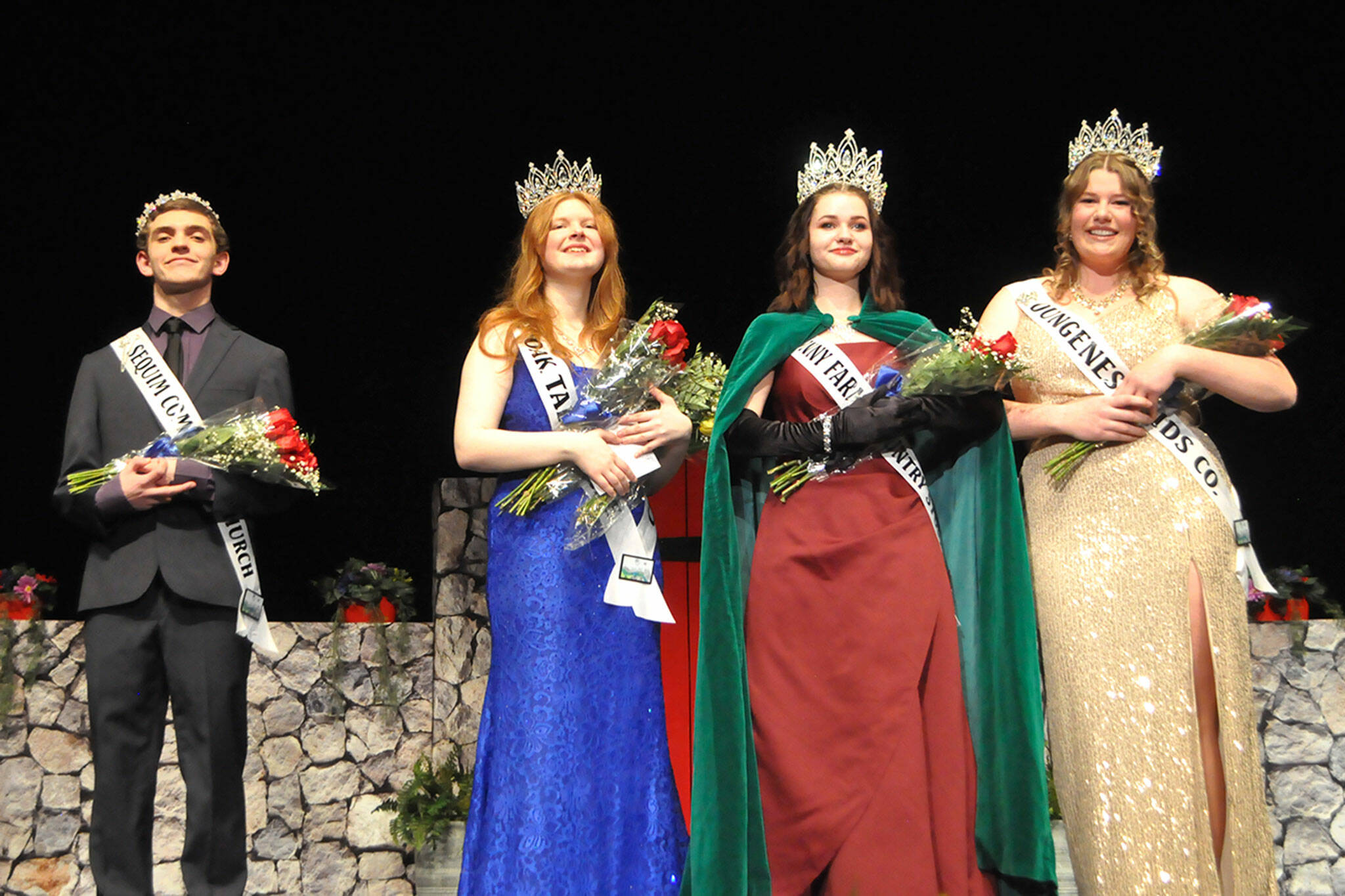 This years Sequim Irrigation Festival royal court includes, from left, prince Fred Cameron, princess Anne Marie Barni, queen Pepper Reymond and princess Paige Skylar Krzyworz. Theyll tour the region extensively this summer in parades representing Sequim as ambassadors. (Matthew Nash/Olympic Peninsula News Group)