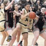 Peninsulas Gina Brown, center, pulls down a rebound surrounded by Everett defenders, from left, Lilly Frunk, Ashlynd Hund and Sophia MacKenzie on Wednesday at Peninsula College. (Keith Thorpe/Peninsula Daily News)