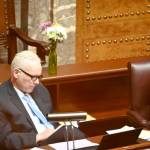 Sen. Kevin Van De Wege is pictured during Senate deliberations before voting on a hospital staffing bill. (Paul Gottlieb/For Peninsula Daily News)