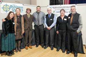 Recipients of the 2023 Jefferson County Community Leadership Awards are, from left, Adeline Gellert-DePalma, Future Business Leader of the Year; Sarah Spaeth, Citizen of the Year; Jake Ramsey, Rising Entrepreneur; Jacob Davidson, Young Professional of the Year; Richard Tucker, President of the Board of Directors of the Chamber of Jefferson County; and Cathy and Pete Langley, Business Leader of the Year. The awards were presented at a dinner Saturday at the American Legion Post in Port Townsend. (Steve Mullensky/for Peninsula Daily News)
