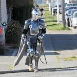 KEITH THORPE/PENINSULA DAILY NEWS
Cavin Vernwald of Port Angeles walks down Lincoln Street in a suit of armor on Wednesday in Port Angeles. Vernwald said  the suit was a hobby and decided that he would run errands while wearing it.