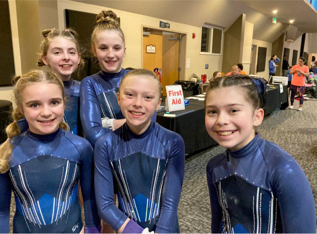 The Klahhane Gold team that competed at the state meet. From left, rear, Raynee Ciarlo and Elyse Brown. From left, front, Harper Hilliker, Gracelyn Goss and Daylen Williams. (Courtesy photo)