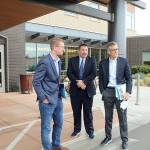 U.S. Rep. Derek Kilmer, D-Gig Harbor, left, visited Jefferson Healthcare in Port Townsend on Friday and met with COO Jacob Davidson, center, and CEO Mike Glenn, right. (Tina Herschelman)