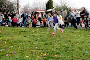 Children bolt from the starting line in search of treat-filled eggs during Saturdays 45th annual KONP Easter Egg Hunt at the Clallam County Fairgrounds in Port Angeles. Hundreds of youngsters took part in the event. (Keith Thorpe/Peninsula Daily News)