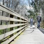 KEITH THORPE/PENINSULA DAILY NEWS
Imelda Jones, left, and Richard Wade, both of Port Angeles, along with the dog, Archie, walk along the Morse Creek trestle near Port Angeles. The trestle, part of the abandoned Chicago, Milwaukee, St Paul and Pacific railroad grade, is a key span on the Olympic Discovery Trail.