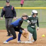 Port Angeles Lily Halberg, right, makes it safely to second ahead of the throw to North Mason shortstop Sarah Pruitt during the first inning of Saturdays game at the Dry Creek Fields near Port Angeles. (Keith Thorpe/Peninsula Daily News)