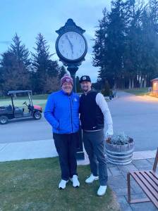 The Cedars at Dungeness Golf Course golf professionals Garrett Smithson, left, and Chad Wagner started their 100-hole marathon benefit for the Trey Green Guild of Seattle Childrens Hospital bright and early Tuesday. To donate to the fundraiser for uncompensated childrens care, visit tinyurl.com/PDN-100TGG.