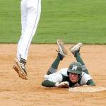 KEITH THORPE/PENINSULA DAILY NEWS
Port Angeles' Kole Acker, scrambles back to second after tripping while rounding the bag while North Mason shortstop Dylan Prideaux reaches for the throw from the outfield on Tuesday at Port Angeles Civic Field.