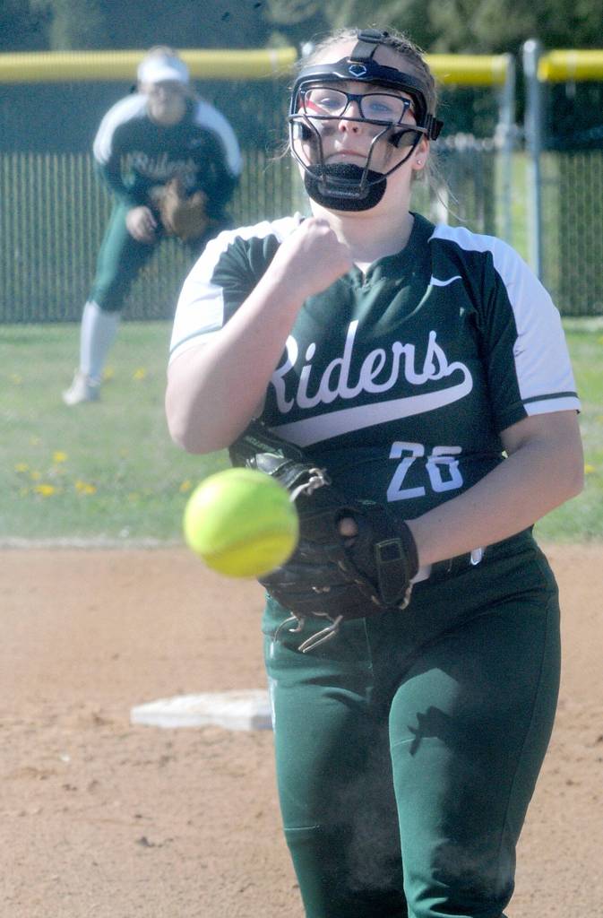 KEITH THORPE/PENINSULA DAILY NEWS Port Angeles pitcher Cheyenne Zimmer throws in the first inning against Olympic at the Dry Creek fields in Port Angeles on Thursday.