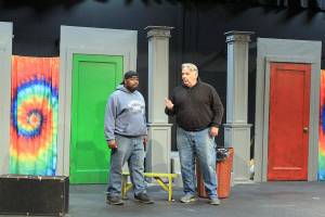 At a recent practice, Francis Henshall (right), played by Mark Valentine, explains the benefits of a Pub that serves food to Stanley Stubbers (left), played by Fred Robinson.