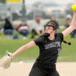 Michael Dashiell/Olympic Peninsula News Group
Sequim's Lainey Vig delivers a pitch during the Wolves' 5-2 home win over Kingston on Thursday.