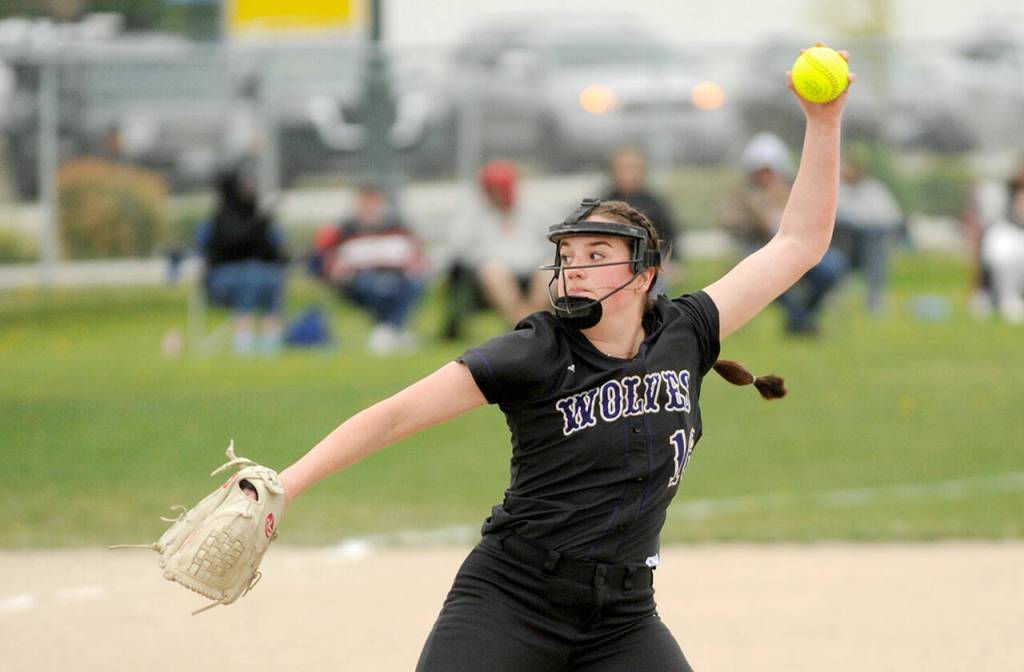 Michael Dashiell/Olympic Peninsula News Group Sequims Lainey Vig delivers a pitch during the Wolves 5-2 home win over Kingston on Thursday.