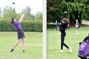 Left, Emily Post of Sequim hits a tee shot at the district golf tournament held at Cedars at Dungeness on Tuesday. Right, Sara German of Sequim hits a fairway shot at the district golf tournament. (Dave Logan/for Peninsula Daily News)