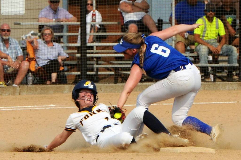 Lonnie Archibald/for Peninsula Daily News Haven Hoffman steals second base ahead of the tag of Adnas Kendall Humphrey.