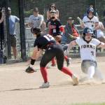 Forks Keira Johnson steals second well ahead of the throw to Toledos Candance Clark Saturday in Fort Borst Park in Centralia, where Forks defeated the Riverhawks 4-2, earning a trip to the state tournament. (Lonnie Archibald/for Peninsula Daily News)