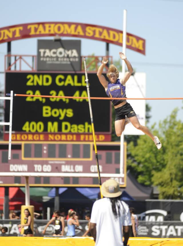Sequims Mirek Skov cleared 14-0 in the pole vault at the state 2A track and field championships at Mount Tahoma High School to finish second in the state. (Michael Dashiell/Olympic Peninsula News Group)