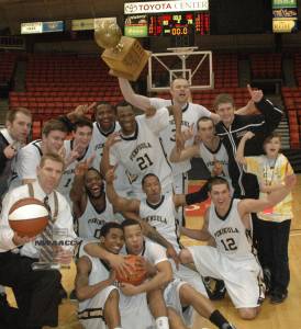 Peninsula Colleges 201-11 mens basketball team celebrates an NWAC championship. (Peninsula College)