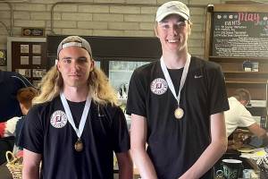 Reed Martin of Chimacum, left, and Stuart Dow of Port Townsend combined to earn fifth place in boys doubles for East Jefferson at the Class 1A State Tennis tournament last weekend in Yakima. Dow is the first Port Townsend player, and the duo the first East Jefferson team to medal at state.