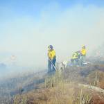 Clallam County Fire District 2 firefighters, with assistance from surrounding districts, work to extinguish fire of beach logs and grasses that scorched a stretch of beach along the Strait of Juan de Fuca at the north end of Four Seasons Ranch and threatened numerous homes on Saturday. (Keith Thorpe/Peninsula Daily News)