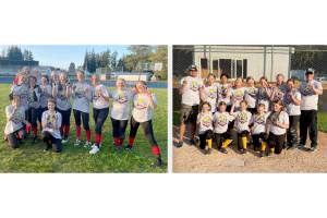 Left, The KONP 16U girls won the Port Angeles city championship in a series of tournaments this weekend at Lincoln Park and Volunteer Park. From left, back row, are Jadyn McCabe, Bridget Weed and Evelyn Seelye. From left, middle row, are London Lyster, KK Eastman, Lilly'Mae Treider, Chloe Clark, Sophia Ritchie, Keira Headrick, Erika Osterberg and Harlie Larrance. From left, kneeling, are Brooke Pierce and Sam Marshall.
Right, The PA Power 12U softball team won the Port Angeles city championship this weekend. The players are, from left, back row, Madison Smith, Elvira Wheeler, Lilly Lancaster, Allison Leitz, Chloe Underwood, Mariah Traband and Makenzie Smith.