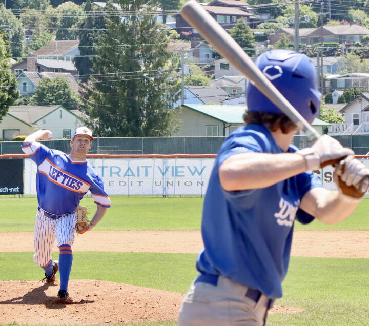 Lefties starter jack OBrien throws to the plate in the first inning Sunday against Springfield. The Lefties rallied with a nine-run seventh inning to win the game 10-7. (Dave Logan/for Peninsula Daily News)