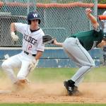 KEITH THORPE/PENINSULA DAILY NEWS
Wilder Senior's Alex Angevine, left, makes it to third as Lakeside Recovery Senior third baseman Carter DuBreuil struggles with an errant throw on Saturday afternoon at Port Angeles Civic Field.