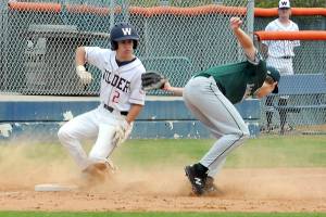 KEITH THORPE/PENINSULA DAILY NEWS
Wilder Senior's Alex Angevine, left, makes it to third as Lakeside Recovery Senior third baseman Carter DuBreuil struggles with an errant throw on Saturday afternoon at Port Angeles Civic Field.