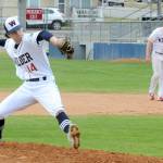 Wilder Senior pitcher Blake Sohlberg, left, pitches in the third inning against Lakeside Recovery Senior as first baseman Ezra Townsend keeps watch on Saturday at Port Angeles Civic Field. (Keith Thorpe/Peninsula Daily News)