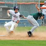 Wilder Seniors Alex Angevine, left, makes it to third as Lakeside Recovery Senior third baseman Carter DuBreuil struggles with an errant throw on Saturday afternoon at Port Angeles Civic Field. (Keith Thorpe/Peninsula Daily News)