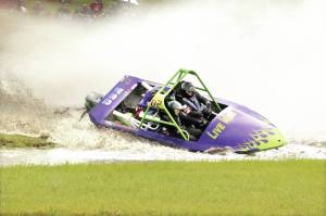 Driver Vaughan Trapp and Navigator Matt Denson of Live Wire sprint boat racing based in Sequim competed this weekend at Webb's Slough outside of St. John, in Whitman County. Live Wire made it to the final eight in both the 800 and unlimited classes of the jet sprint boat races. Sprint boat racing returns to the Extreme Sports Park west of Port Angeles on July 29-30 and Sept. 9-10. (Olivia Harnack/Whitman County Gazette)