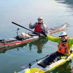 Scott MacDonald of Team Sporting Chance, left, and Stuart Sugden of Team Bella Bella and Beyond, seen near Fraser Reach, British Columbia, on Sunday, were the final two racers to complete the Race to Alaska on Tuesday. They were the 17th and 18th teams, respectively. (Northwest Maritime Center)