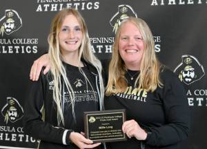 The Pirate Gold winner for womens basketball was Port Angeles Millie Long, left, with her basketball coach Alison Crumb, who also was named the NWAC soccer Baden Player of the Year for 2022. Long won four league titles and an NWAC title for Peninsula College. (Peninsula College)