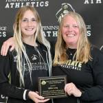 The Pirate Gold winner for womens basketball was Port Angeles Millie Long, left, with her basketball coach Alison Crumb, who also was named the NWAC soccer Baden Player of the Year for 2022. Long won four league titles and an NWAC title for Peninsula College. (Peninsula College)