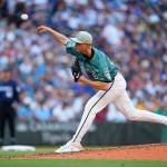 American League pitcher George Kirby, of the Seattle Mariners, throws in the fourth inning during the MLB All-Star baseball game in Seattle, Tuesday, July 11, 2023. (AP Photo/Lindsey Wasson)