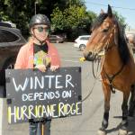 Gabrielle Peppard of Port Angeles, along with her horse, Dodger, get set to take part in a parade around Port Angeles on Saturday in support of keeping Hurricane Ridge in Olympic National Park open to visitors during the winter ski season. (Keith Thorpe/Peninsula Daily News)