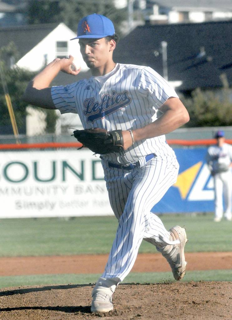 Lefties pitcher Kason Matson throws in the first inning against Kamloops on Wednesday evening at Port Angeles Civic Field.
KEITH THORPE/PENINSULA DAILY NEWS