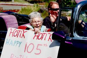 Doris Thompson is 105 years old Saturday, July 22. 

She was born in 1918 in Los Angeles, Calif. She was married in 1940 and her husband, Yale, worked at Lockheed in California. She has two children, four grandchildren and six great-grandchildren. 

Thompson was a preschool teacher and a volunteer for the Red Cross during WWII. 

She celebrated her birthday by checking off the next item on her bucket list — a ride in an fancy, old convertible — with the assistance of John Rudder of Port Angeles and his 1956 Pontiac. 

Next weekend, she will continue her bucket list with a celebration at the Elwha River Casino. 

The way she moves around the halls and walkways with her walker at Park View Villas, where she has lived for many years, has earned her the nickname “Speedy.” 

When asked how she has lived so long, her answer was short and succinct: “Take one day at a time.”