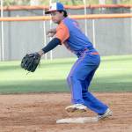 KEITH THORPE/PENINSULA DAILY NEWS Lefties shortstop Aiden Arriaga steps on the bag at second before the throw to first for a double play against Edmondton on Wednesday in Port Angeles.