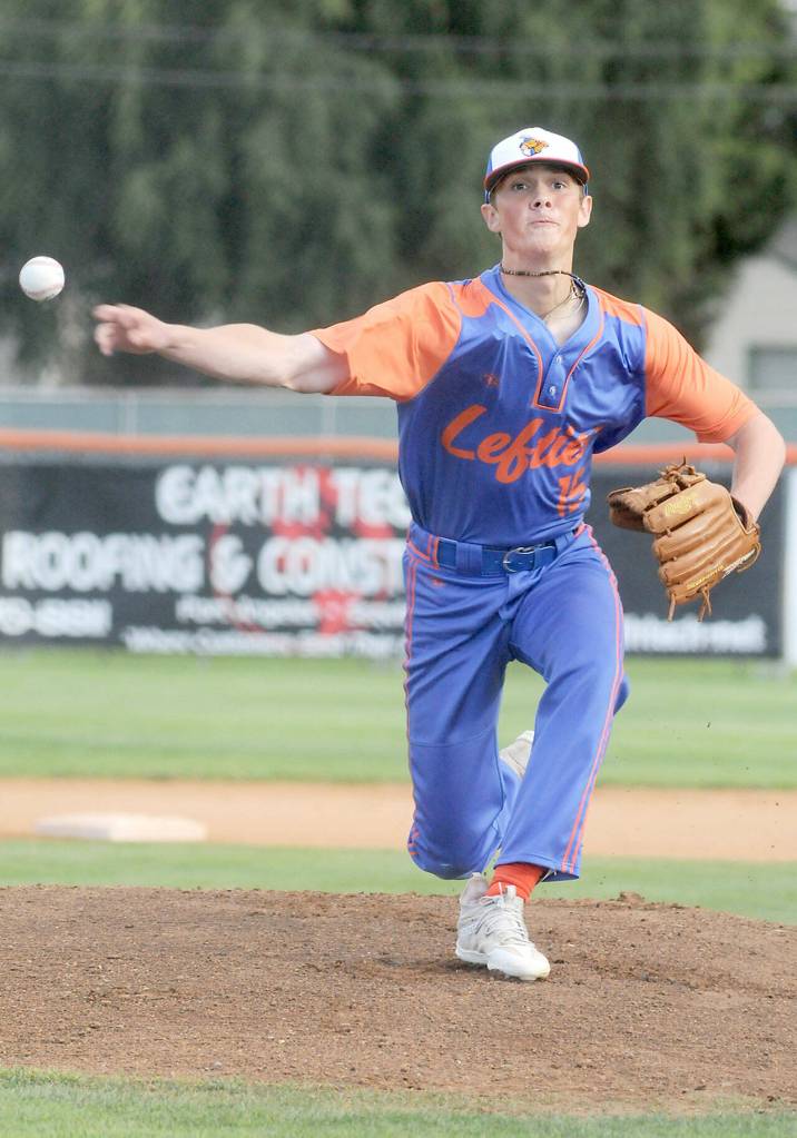 KEITH THORPE/PENINSULA DAILY NEWS Lefties pitcher Kole Acker throws in the first inning against Edmonton on Wednesday night at Port Angeles Civic Field.