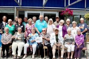 The Port Angeles High School class of 1958 held their 65th year reunion recently at Fairmount Restaurant. 23 members of the class were present for the reunion.There was about 170 in the class back in 1958. Henry Wyborney, a past member of their class, was the Washington state high jump champion that year.
	ID: back row l to r: Dee Coburn, Stan Grall, Don Williams, George Rains, Aerlyn Bryant, Jerry Fagerlund, Lorraine Grinell, Dick Grinell.    Middle  row: Dotty West, Elaine Doughtery, Sylvia Batlin, Fred Larson, Georgina Bridges, Jo Lee Grooms, Edna Peterson.    Front row:
Karen Sewell, Connie Graham, Rosalyn Taylor, Duane Almaden, Larry Madden, Shirley Tyner and Sheryl Todd. dlogan